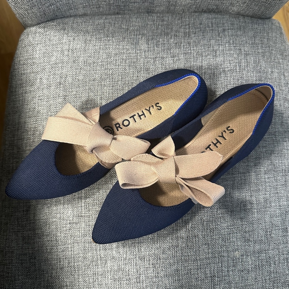 Rothy's Women's Blue Flats with Cream Bow